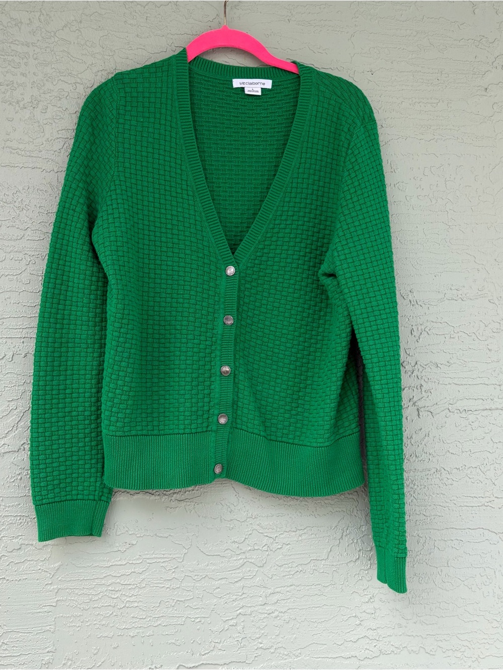 Liz Claiborne Green Button-Front Textured V-Neck Cardigan